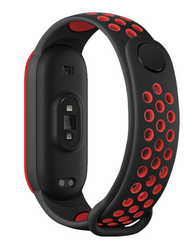 Silicone Sport Strap, black/red, on a watch, 3/4 rear view