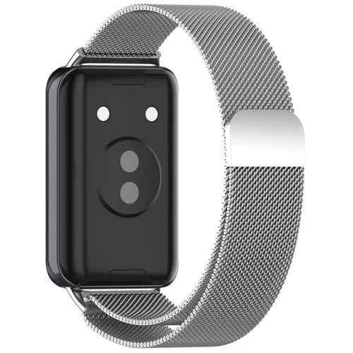Milanese Strap, silver, on a watch, 3/4 rear view