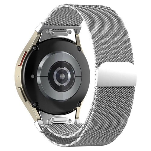 Milanese Strap 'One Push', silver, on a watch, 3/4 rear view