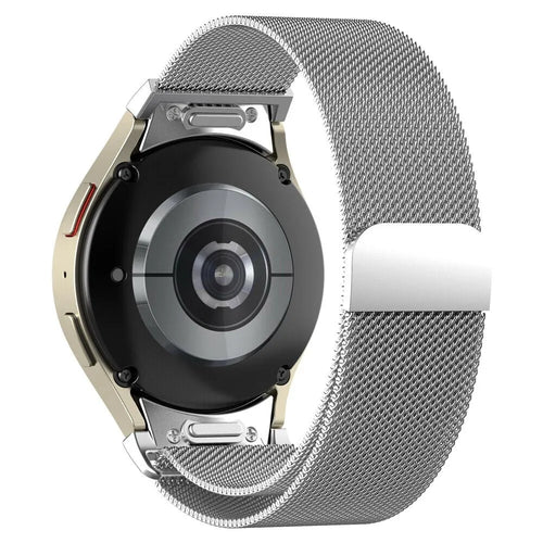 Milanese Strap 'One Push', silver, on a watch, 3/4 rear view