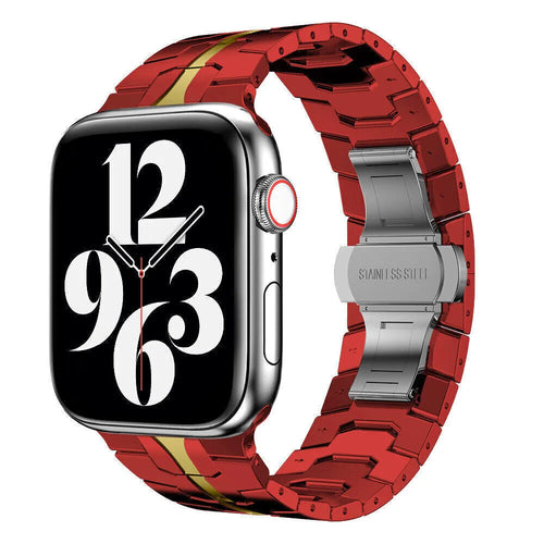 Steel Iron Strap, red, on a watch, 3/4 rear view