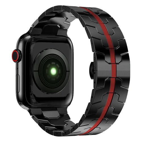 Steel Iron Strap, black/red, on a watch, 3/4 rear view