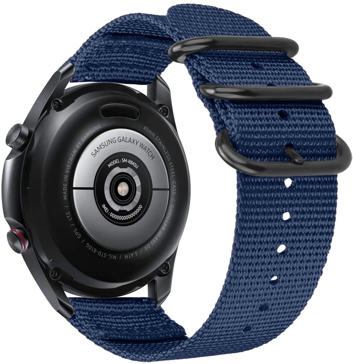 Nylon Buckle Strap, blue, on a watch, 3/4 rear view