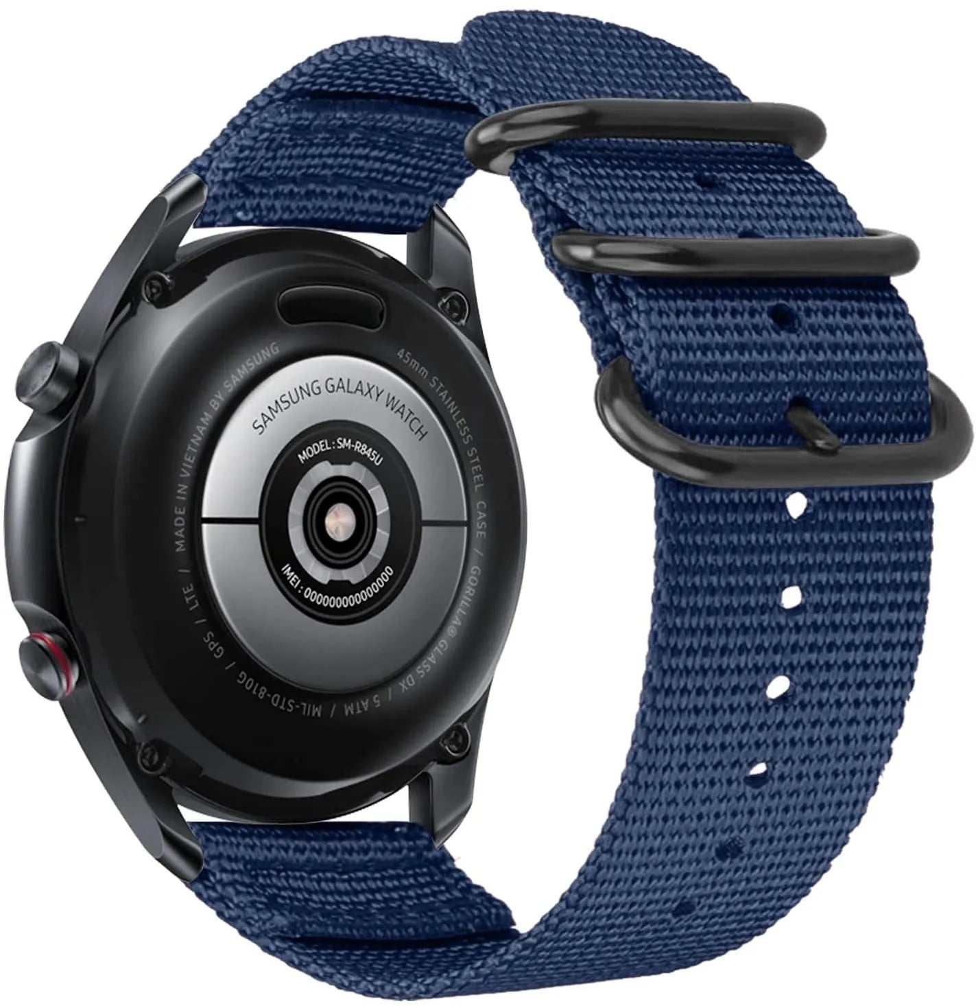 Nylon Buckle Strap, blue, on a watch, 3/4 rear view