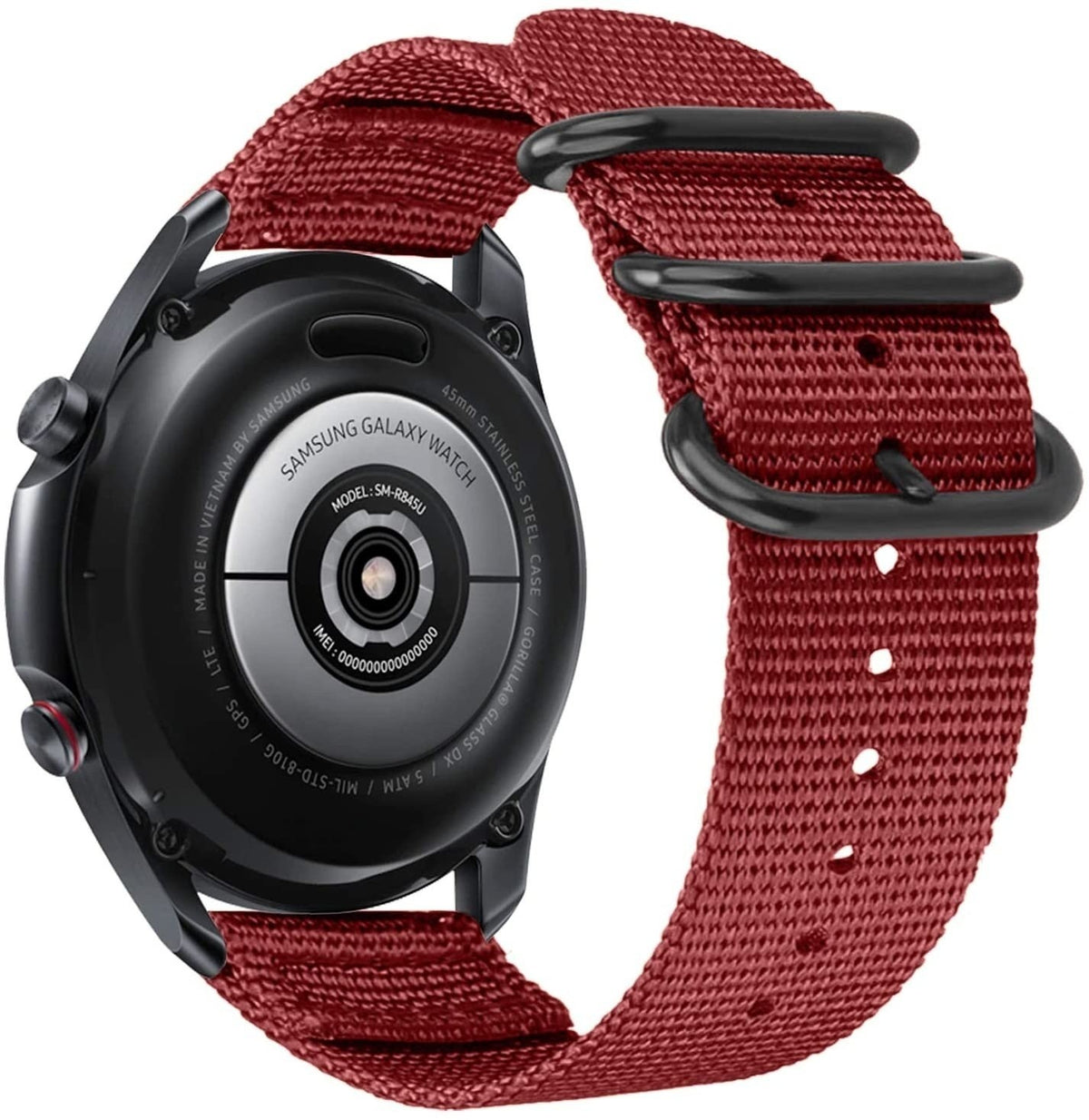 Nylon Buckle Strap, red, on a watch, 3/4 rear view