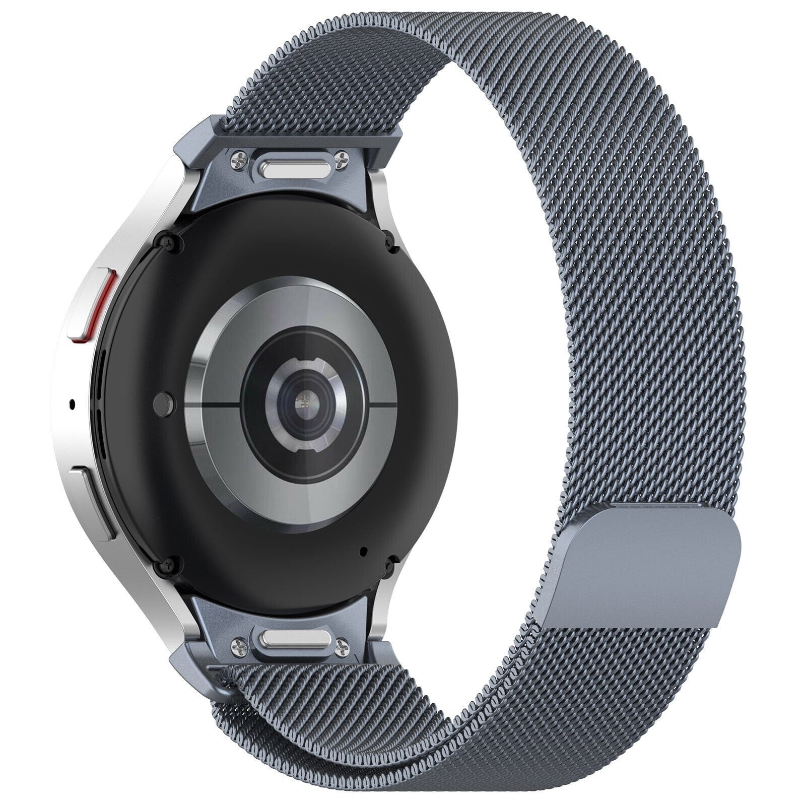 Milanese Strap 'One Push', space grey, on a watch, 3/4 rear view