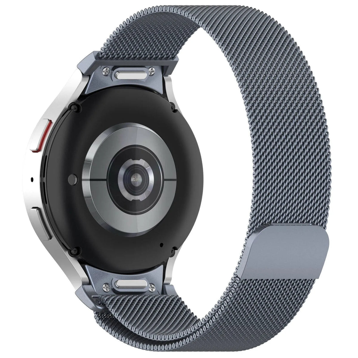 Milanese Strap 'One Push', space grey, on a watch, 3/4 rear view