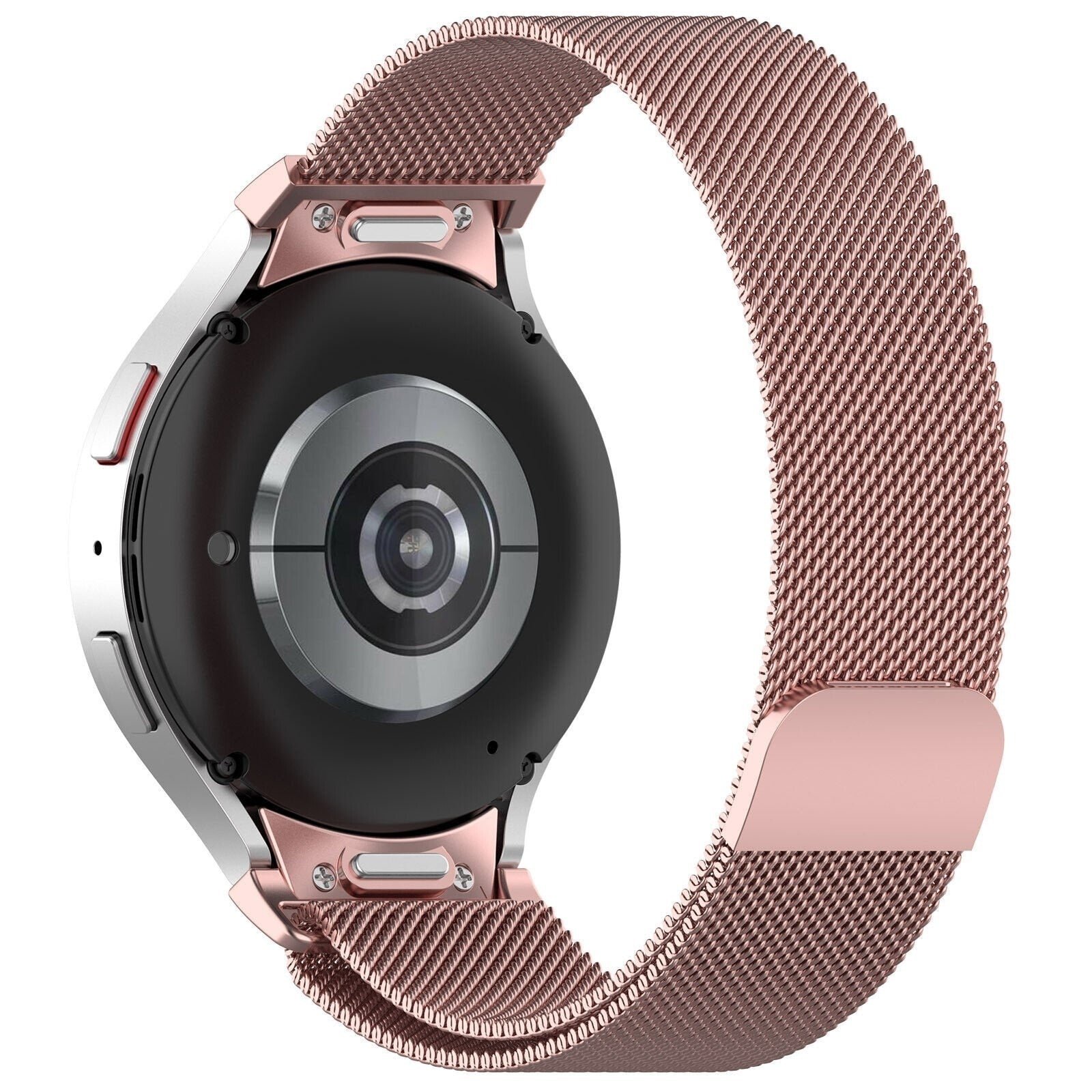 Milanese Strap 'One Push', pink, on a watch, 3/4 rear view
