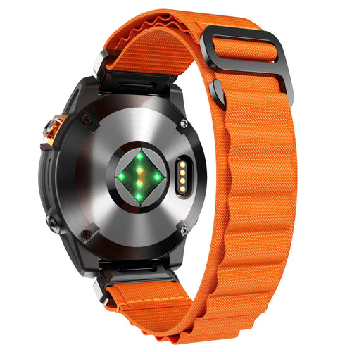Alpine Nylon Strap, orange, on a watch, 3/4 rear view