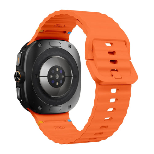 Wave Silicone Strap, orange, on a watch, 3/4 rear view