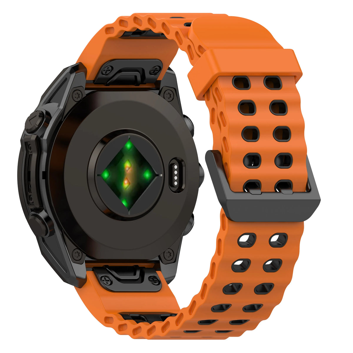 Silicone Wave Sport Strap, orange/black, on a watch, 3/4 rear view