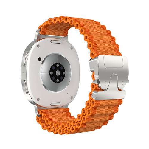 Outdoor Nylon Strap with P-Buckle, orange/silver, on a watch, 3/4 rear view