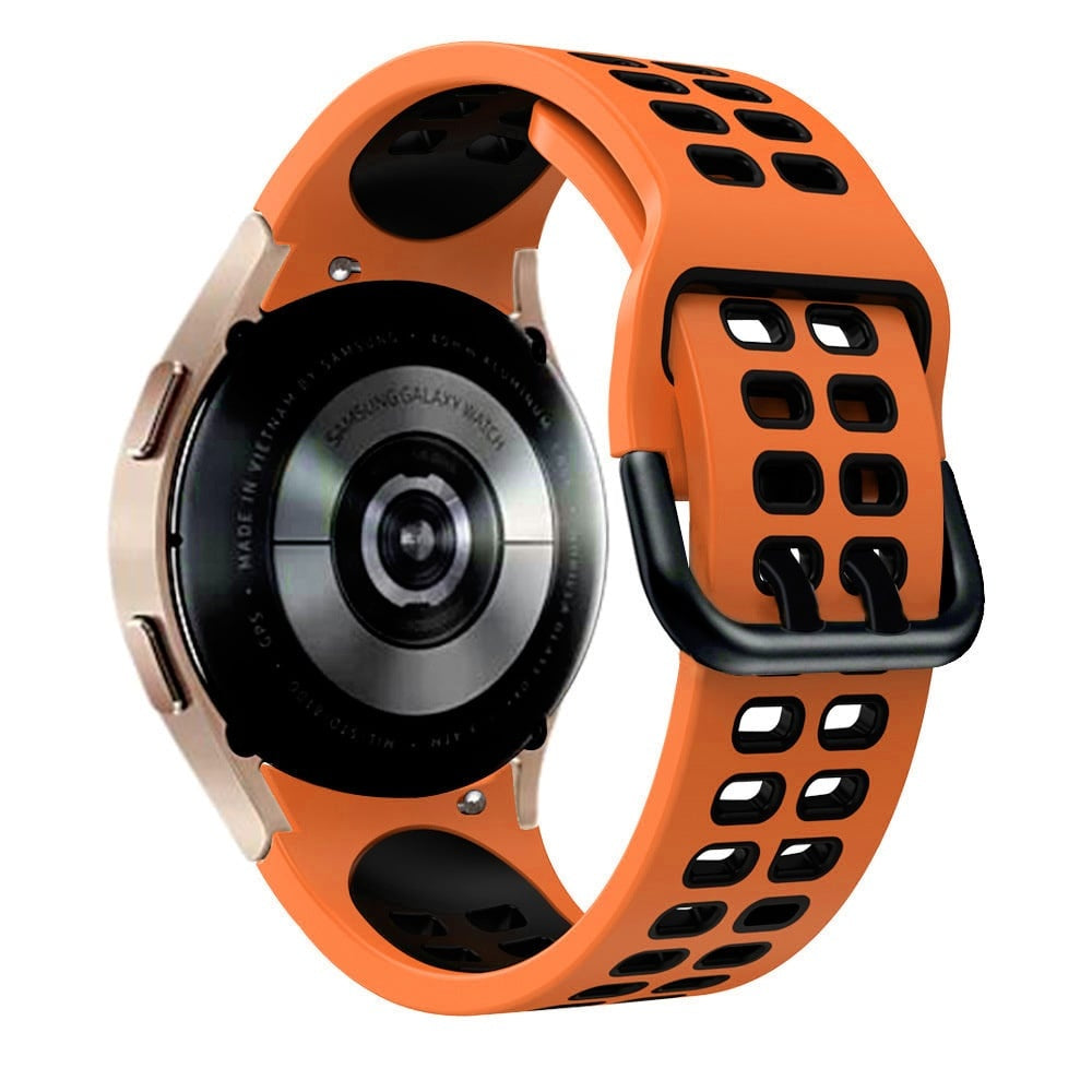 Silicone Squared Sport Strap, orange/black, on a watch, 3/4 rear view