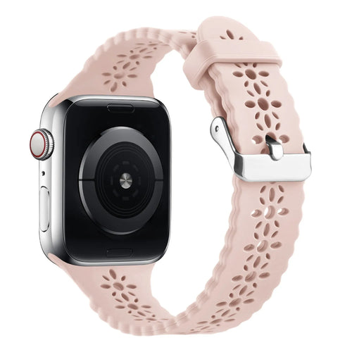 Patterned Silicone Strap, pink, on a watch, 3/4 rear view