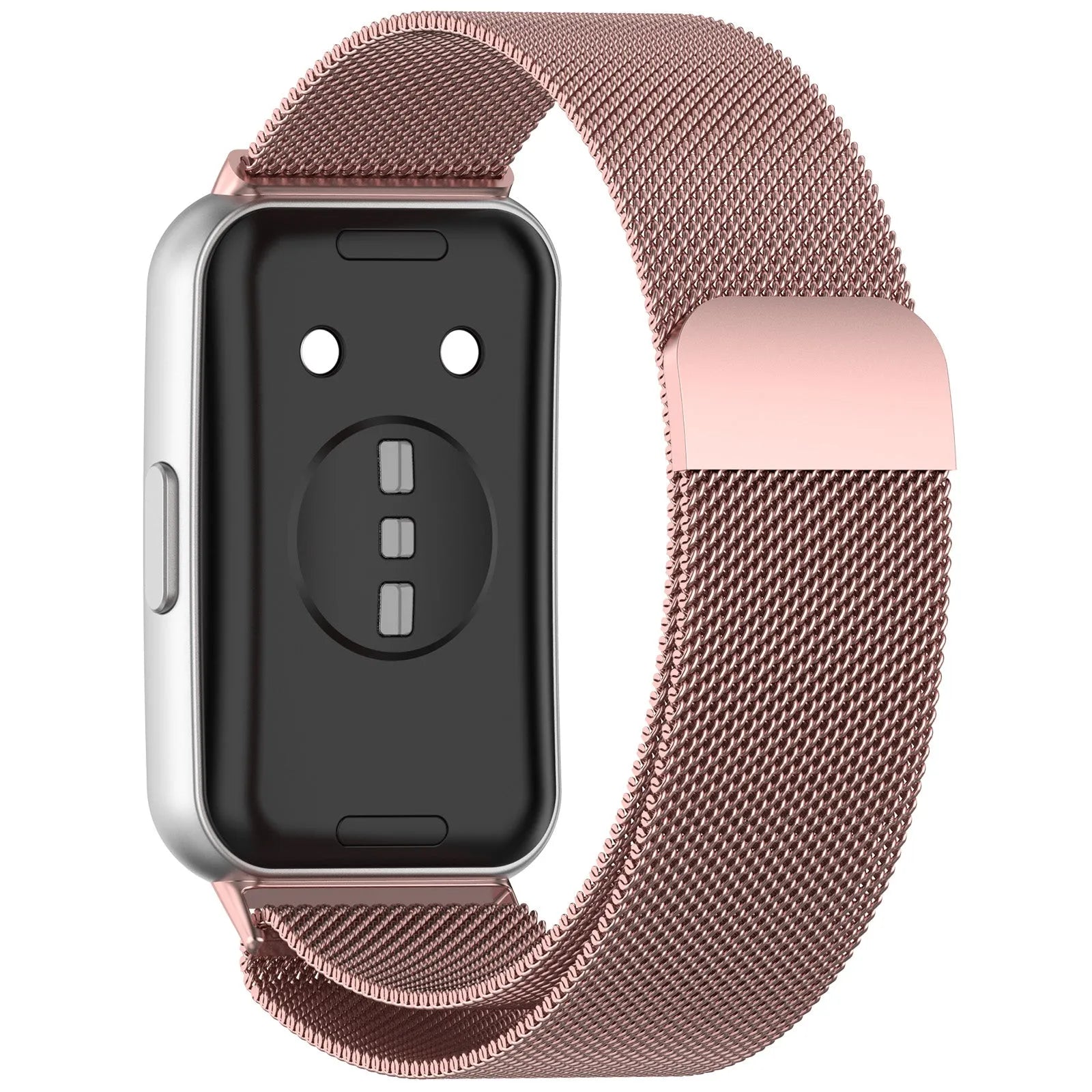 Milanese Strap, pink, on a watch, 3/4 rear view