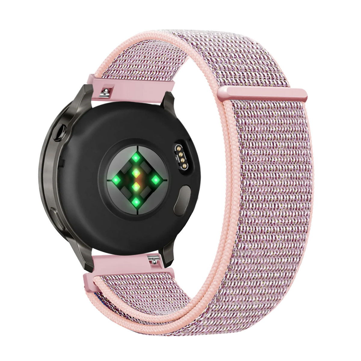 Nylon Loop Strap, pink, on a watch, 3/4 rear view