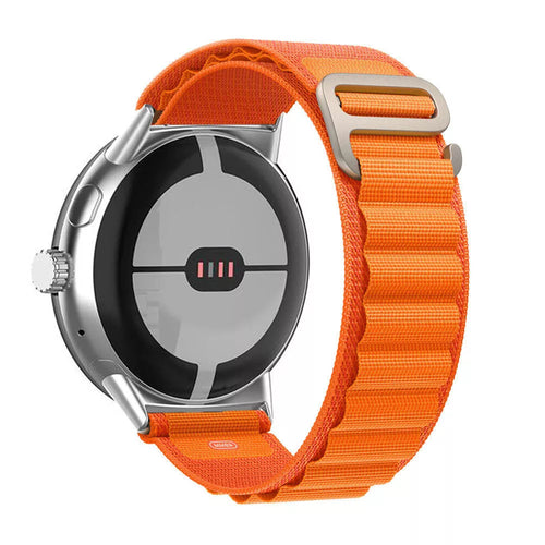 Alpine Nylon Strap, orange, on a watch, 3/4 rear view