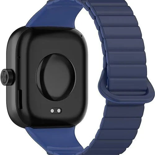 Magnetic Silicone Strap, duo blue, on a watch, 3/4 rear view
