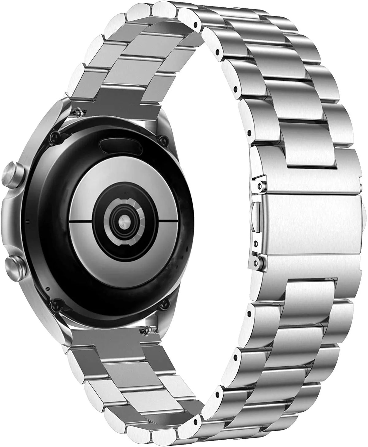 Steel Strap, silver, on a watch, 3/4 rear view