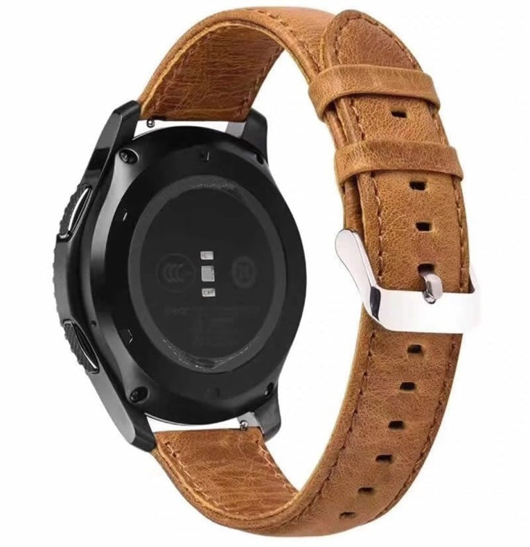 Leather Strap, brown, on a watch, 3/4 rear view