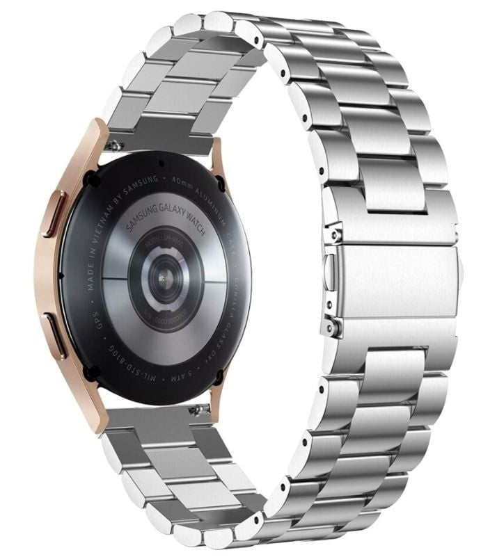 Steel Strap, silver, on a watch, 3/4 rear view
