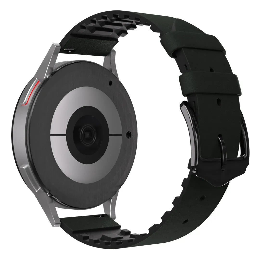 Leather Hybrid Strap, black/green, on a watch, 3/4 rear view