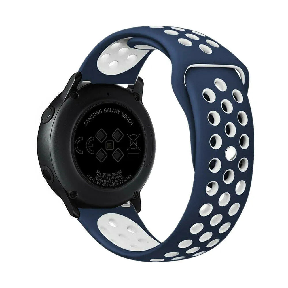 Silicone Sport Strap, blue/white, on a watch, 3/4 rear view