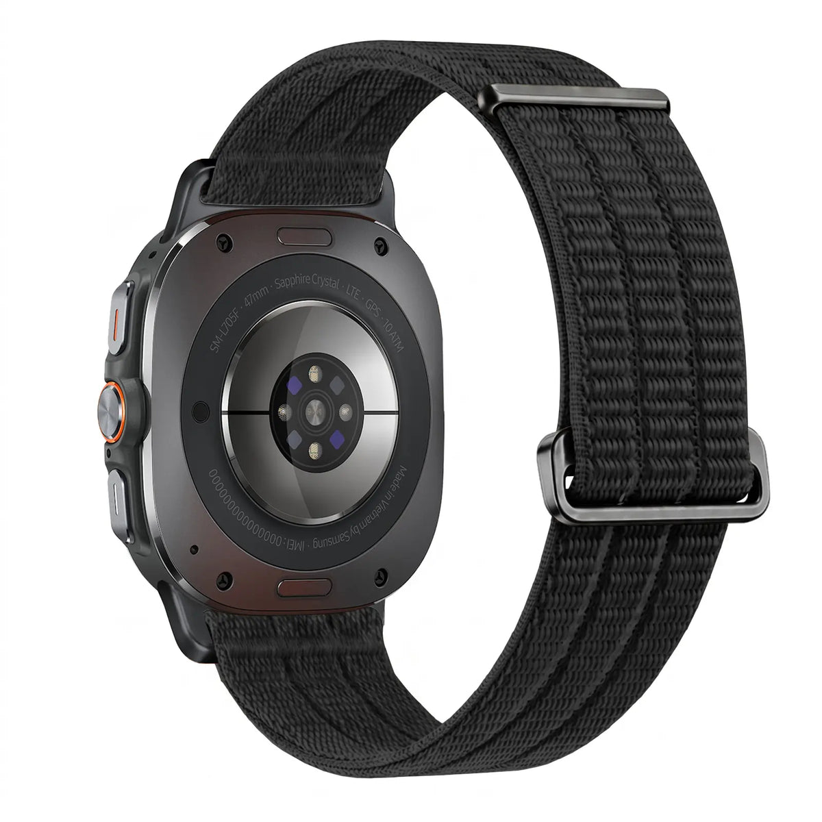 Nylon Air Strap, black, on a watch, 3/4 rear view