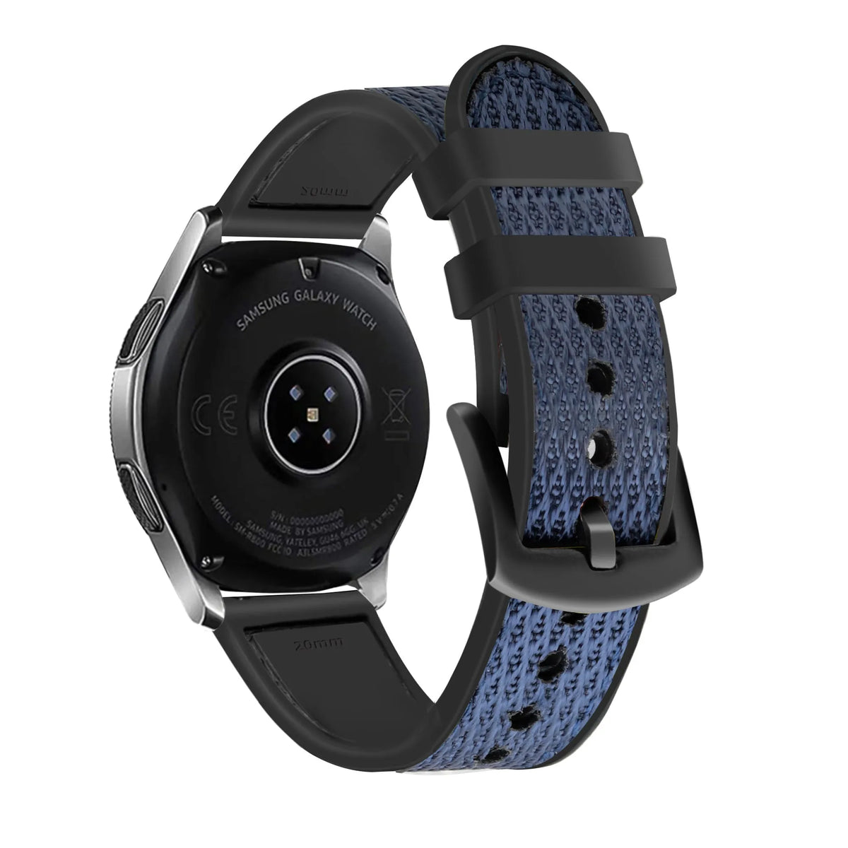 Nylon Hybrid Strap, blue, on a watch, 3/4 rear view