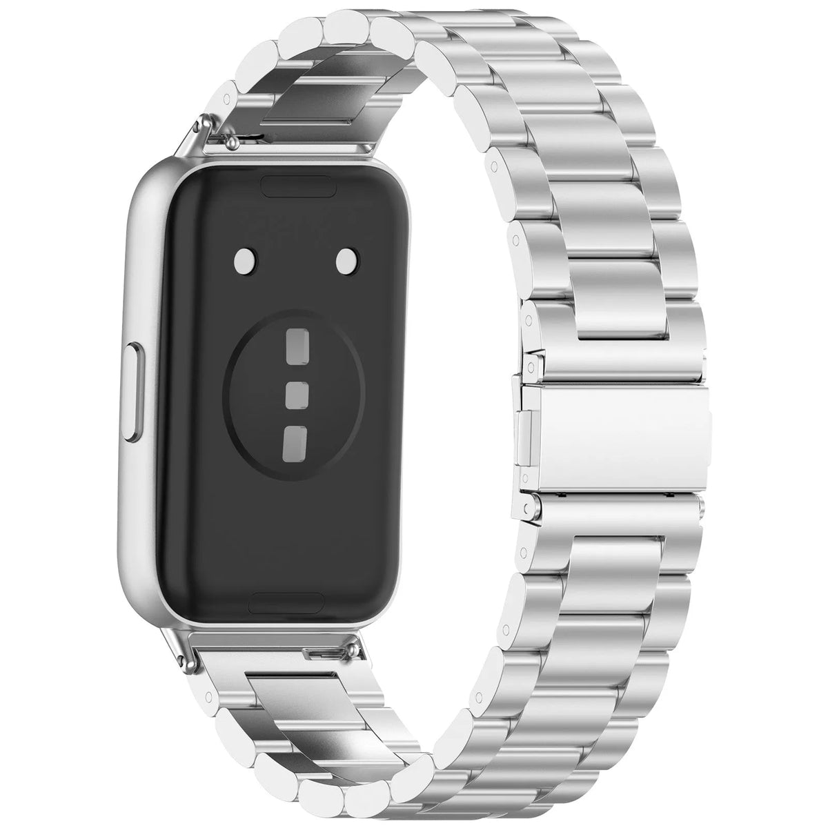 Steel Strap, silver, on a watch, 3/4 rear view