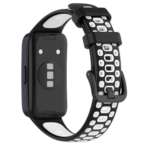 Silicone Sport Strap, black/white, on a watch, 3/4 rear view