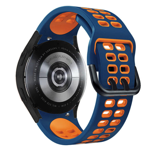 Silicone Squared Sport Strap, blue/orange, on a watch, 3/4 rear view