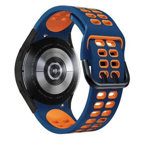 Silicone Squared Sport Strap, blue/orange, on a watch, 3/4 rear view
