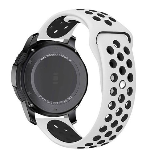 Silicone Sport Strap, white/black, on a watch, 3/4 rear view