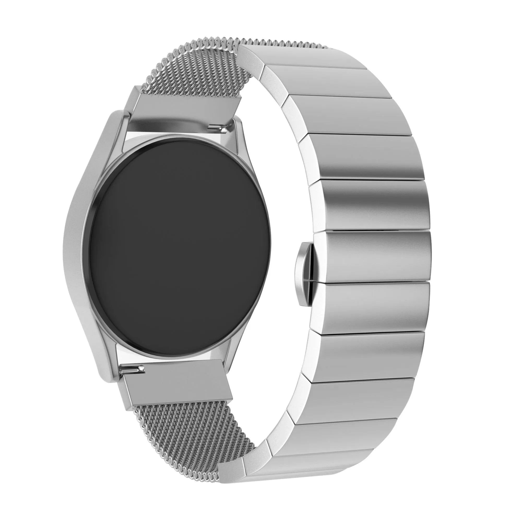 Milanese Steel Strap, silver, on a watch, 3/4 rear view