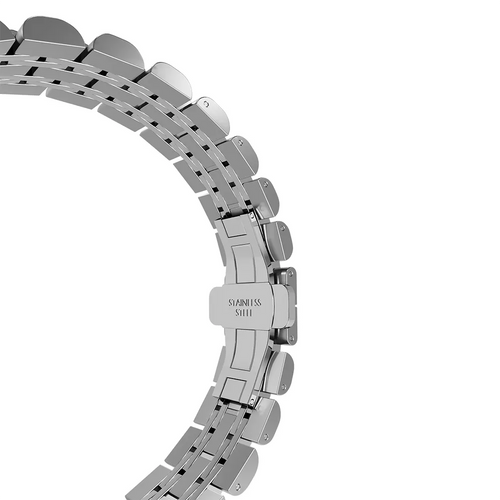 Steel Link Strap 'Duo', silver, on a watch, 3/4 rear view
