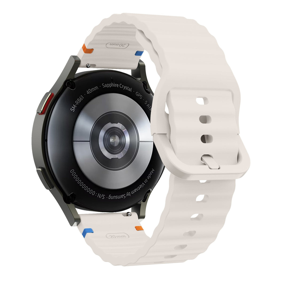 Wave Silicone Strap, starlight, on a watch, 3/4 rear view
