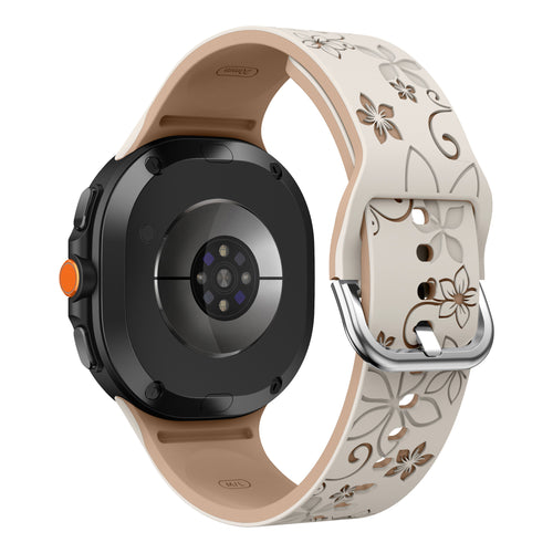 Flower Silicone Strap, starlight/beige, on a watch, 3/4 rear view