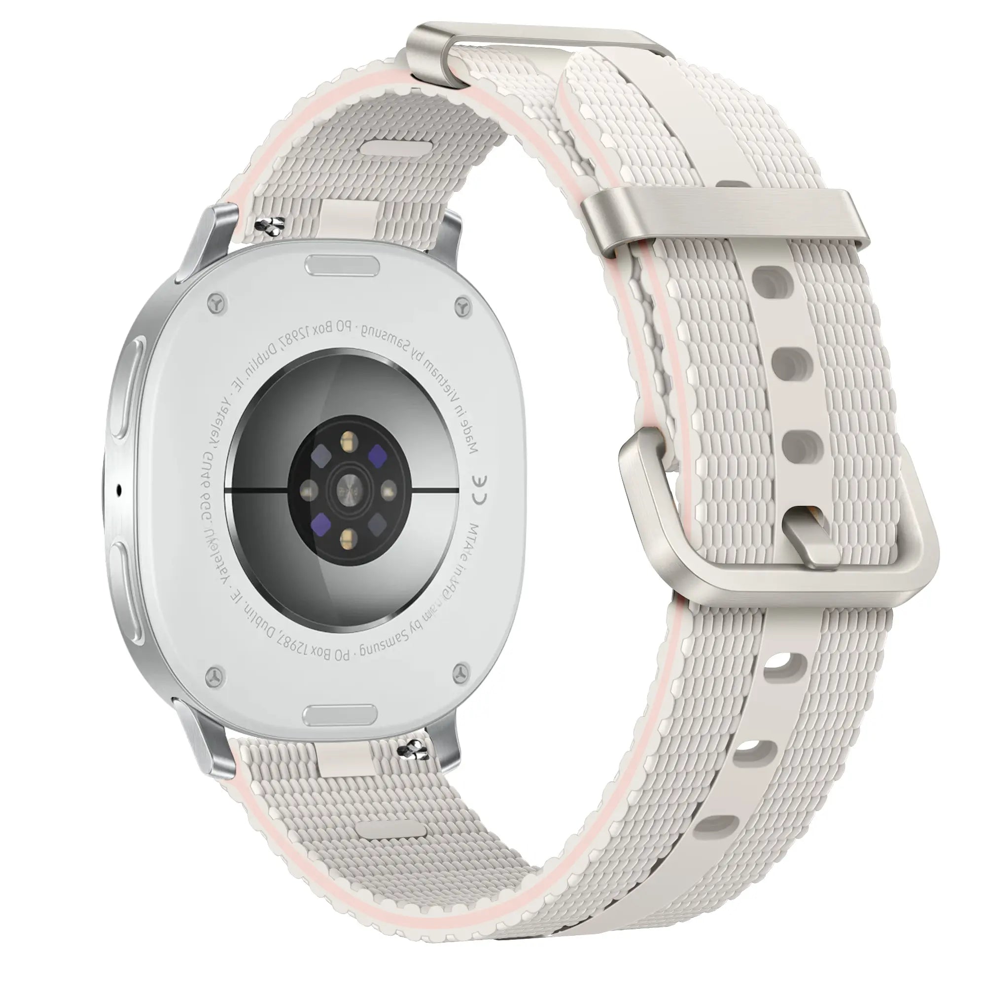 Silicone Active Strap, starlight, on a watch, 3/4 rear view