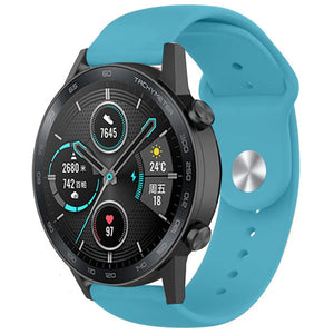 Silicone Sport Strap, light blue, on a watch, 3/4 rear view