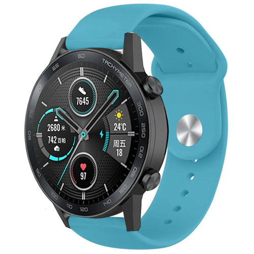 Silicone Sport Strap, light blue, on a watch, 3/4 rear view