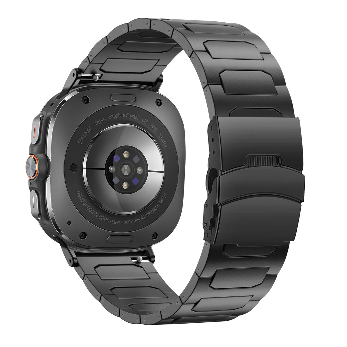 Titanium Strap 'Deluxe', black, on a watch, 3/4 rear view
