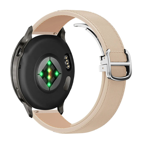 Leather Strap 'D-Type', beige, on a watch, 3/4 rear view