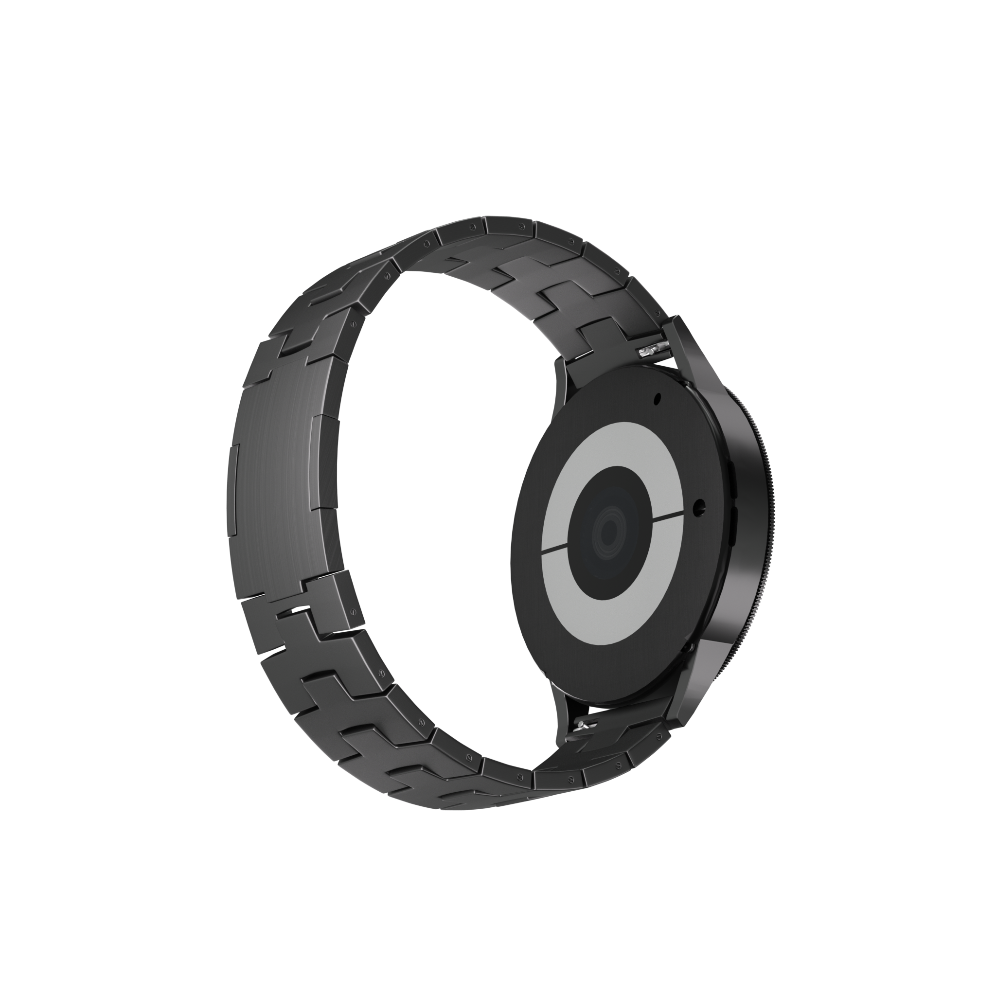 Titanium Grain Strap (Flat Clasp), graphite, on a watch, 3/4 rear view