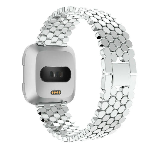 Steel Strap Hexagons, silver, on a watch, 3/4 rear view