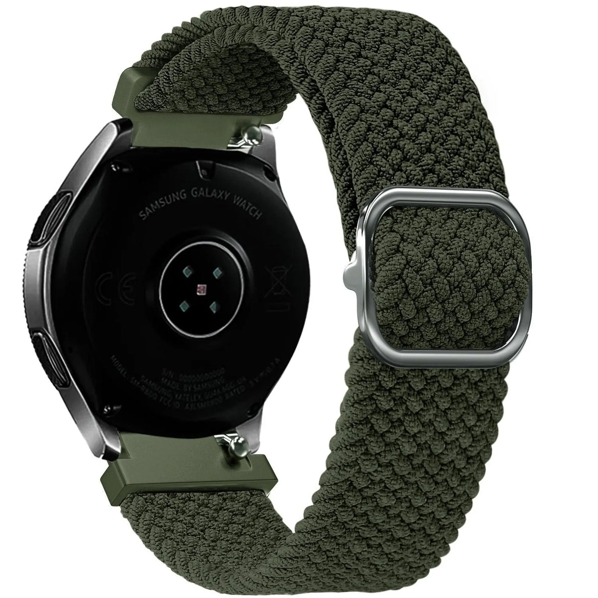 Nylon Adjustable Braided Strap, green, on a watch, 3/4 rear view