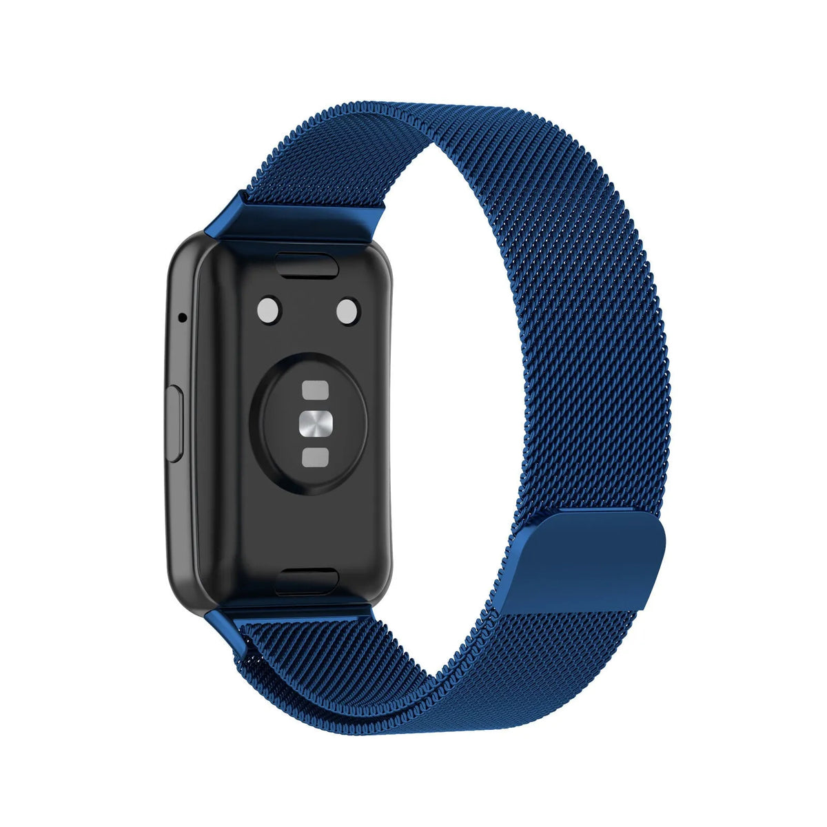 Milanese Strap, blue, on a watch, 3/4 rear view
