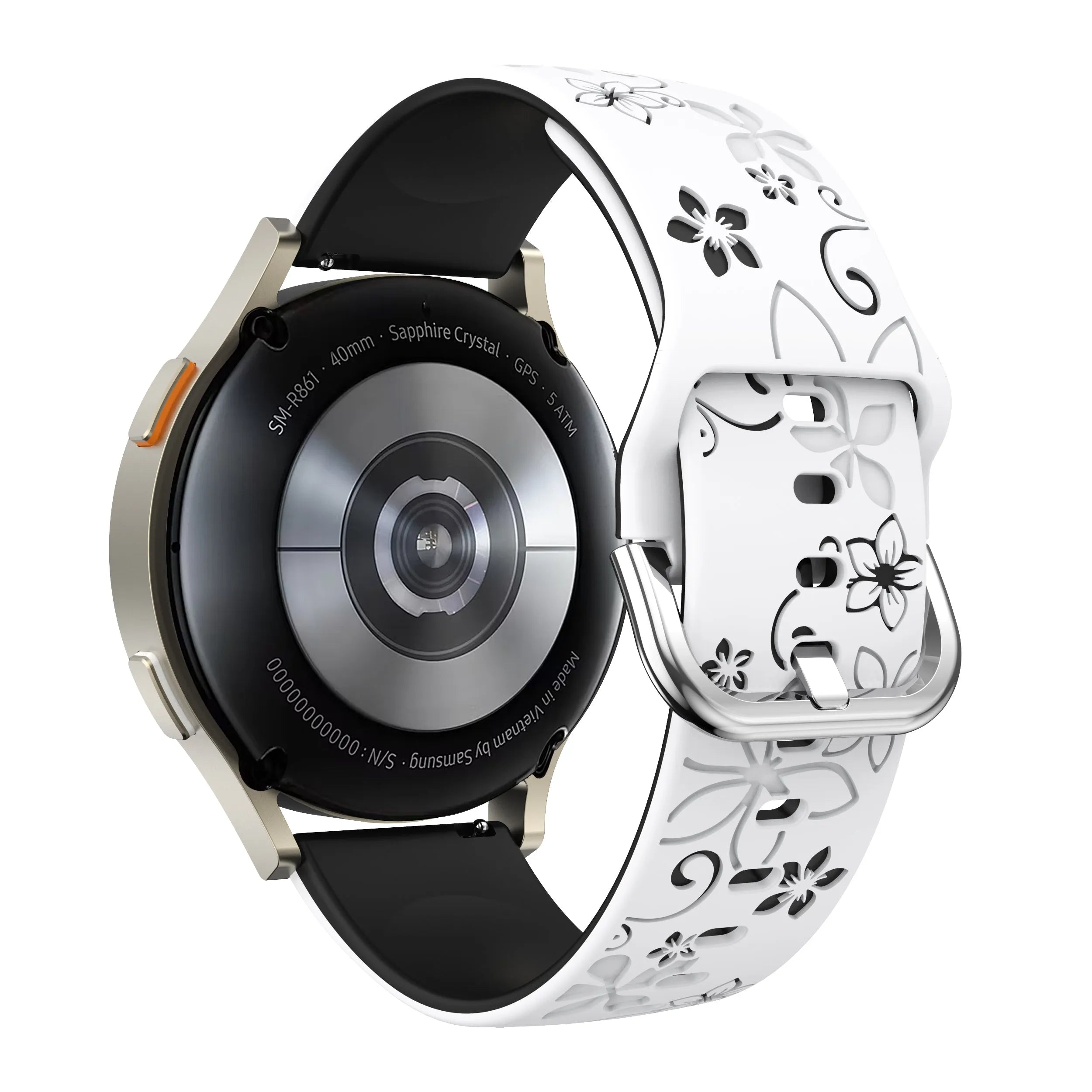 Flower Silicone Strap, white/black, on a watch, 3/4 rear view