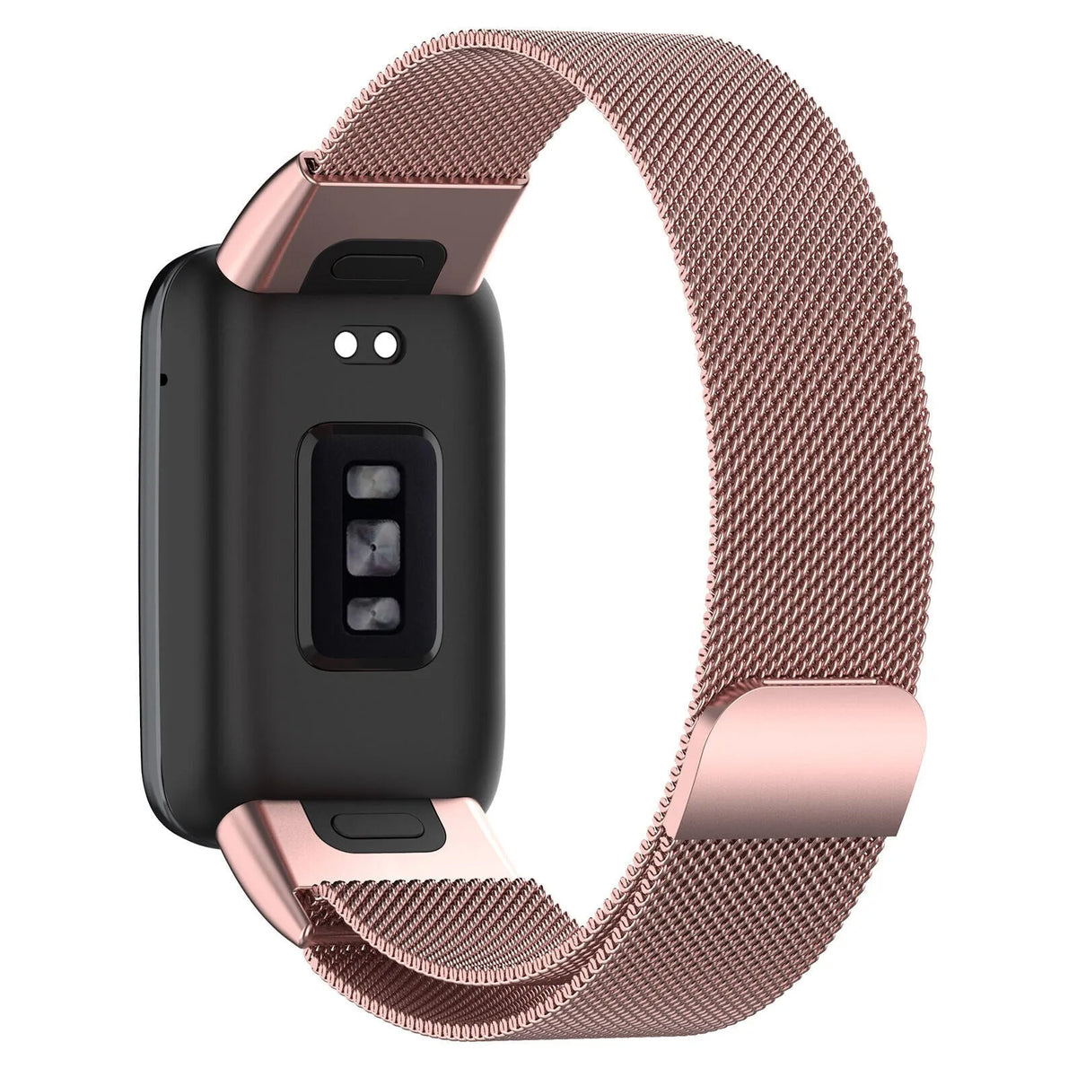 Milanese Strap, pink, on a watch, 3/4 rear view