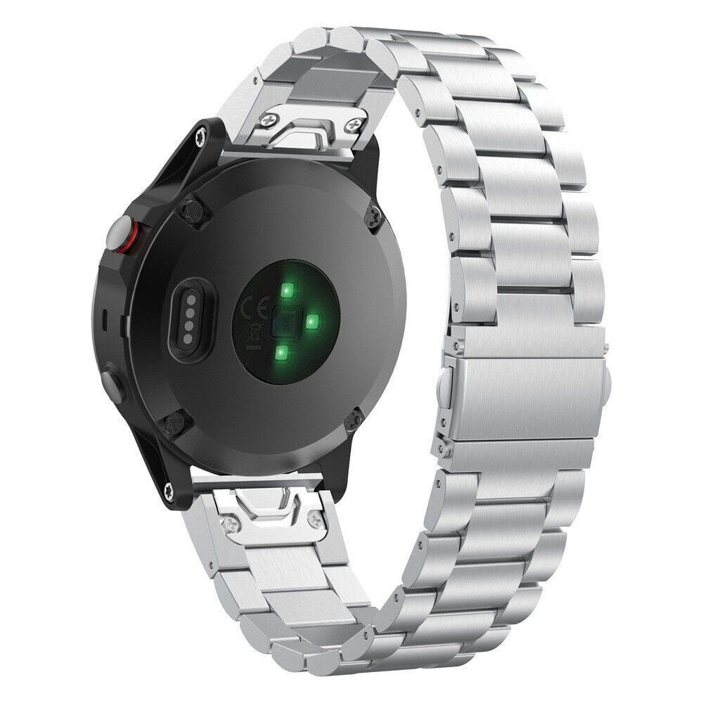 Steel Strap, silver, on a watch, 3/4 rear view